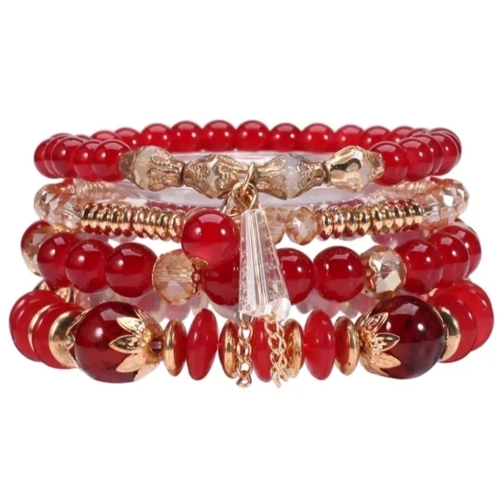 New red and gold 4PC multi colored bracelet set